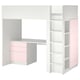 Displays a SMÅSTAD loft bed in white with pink accents. It a desk, storage drawers, and shelves.