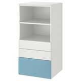 A white and blue SMÅSTAD bookcase with open shelves and drawers.