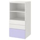 A white and lavender SMÅSTAD bookcase with two shelves and three drawers. The top shelves are open, and the drawers are partially pulled out.