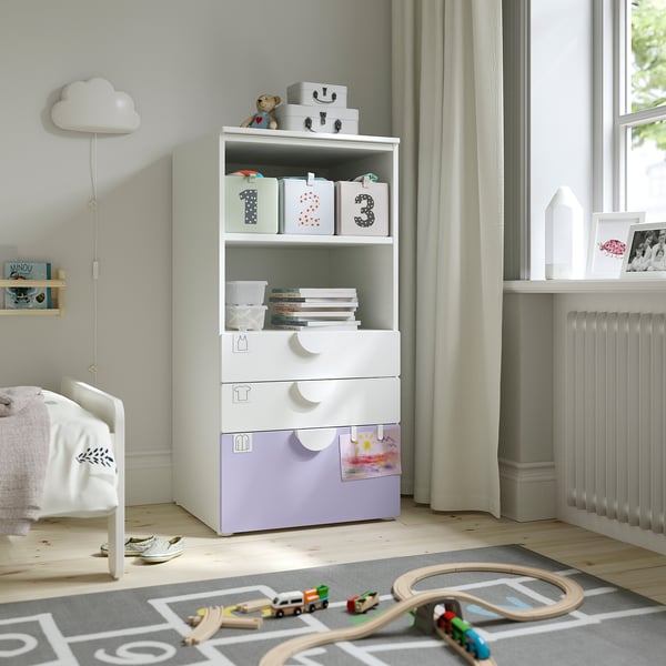 Kids room with SMÅSTAD storage, bed, toy train, and window.