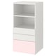 A SMÅSTAD bookcase, white with pink drawers, featuring open shelves and storage for small items.
