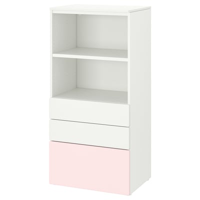 Displays a SMÅSTAD bookcase, white with pink drawers. It has three open shelves and three drawers, designed for small spaces.
