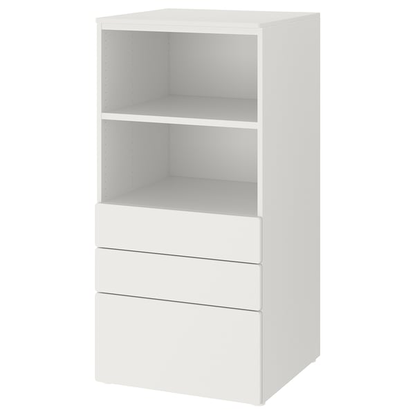 White SMÅSTAD bookshelf with 3 drawers and 2 open shelves for storage.