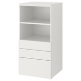 White SMÅSTAD bookshelf with 3 drawers and 2 open shelves for storage.