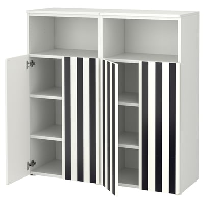 White SMÅSTAD wardrobe with open doors, shelves, black stripes, rounded corners, adjustable legs.