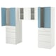 This image the ikea SMÅSTAD wardrobe in white and blue. It includes open and closed storage with soft-close hinges.