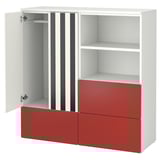 This image shows a SMÅSTAD kids wardrobe with red drawers and open shelving. The white and red storage unit rounded corners and adjustable heights.