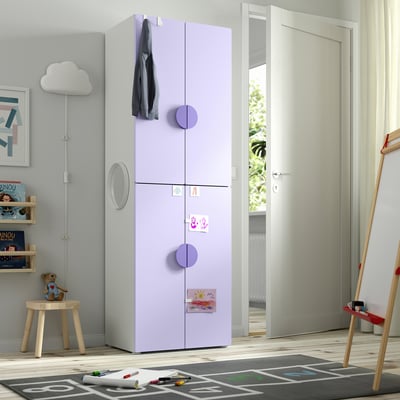 Lavender SMÅSTAD wardrobe with 2 doors, rail, kids art, stool, teddy, cloud hanger, bookshelf.