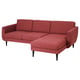 Red l-shaped sectional sofa with plush cushions and wooden legs, modern retro design.