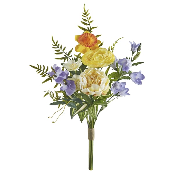 SMYCKA bouquet: yellow, purple, orange flowers. Recycled plastic stems, realistic design.