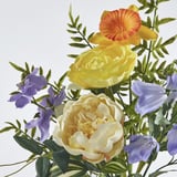Artificial floral bouquet with vibrant yellow, orange, and purple flowers. Detailed petals and realistic stems. Greens included.