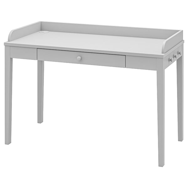White wooden SMYGA desk with drawer and side knobs. Traditional design, tapered legs, large work surface.
