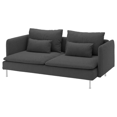 Modern dark gray l-shaped sofa with deep seats, slim lines, high legs, and removable cushions.