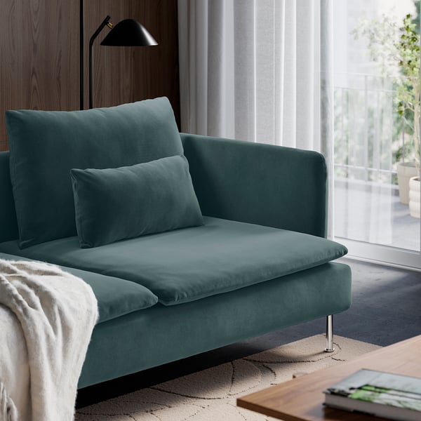 Teal SÖDERHAMN sofa with cushions; sleek, low, deep seat, back support, high legs for easy cleaning.