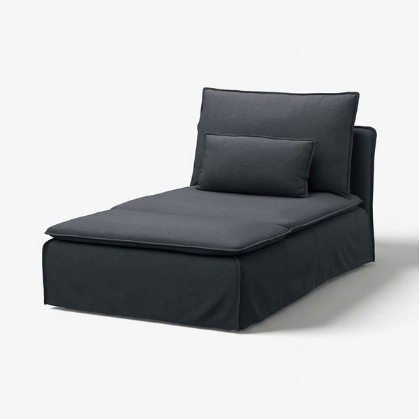 SÖDERHAMN dark grey modular chaise. Upholstered with cotton/polyester blend, featuring deep, low seat and two cushions.