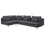 Modern black l-shaped sectional sofa with metal legs, deep cushions, and nine decorative pillows.