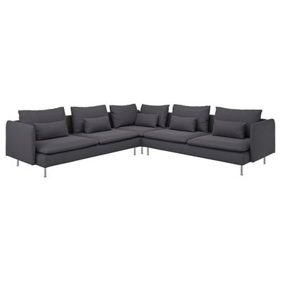Dark gray, l-shaped sectional sofa with metal legs, plush cushions, and modern design.