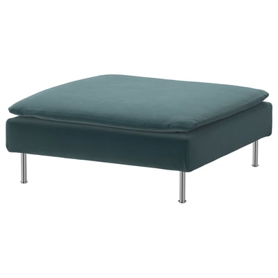SÖDERHAMN teal ottoman, square, chrome legs, polyester fabric.