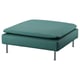 Large square green footrest with chrome legs. Modern design with cushioned top.