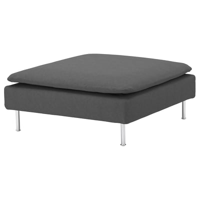 The SÖDERHAMN footstool is gray, square-shaped with rounded edges, and has a modern design with metal legs. Its upholstered in a soft, durable fabric.