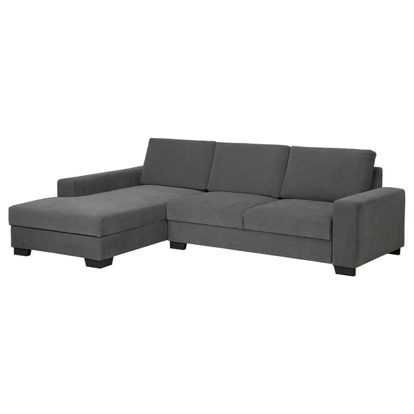 Modern dark grey l-shaped sofa with minimalist style. Soft fabric, solid wood legs.