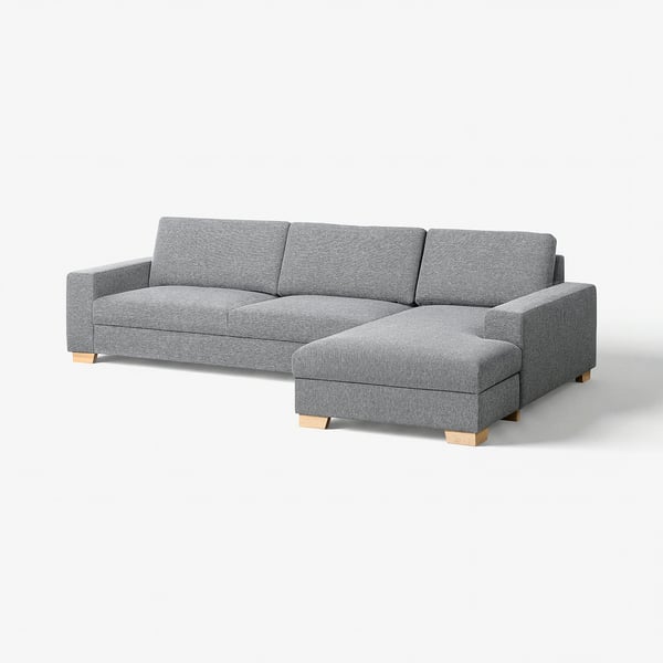 Modern grey l-shaped sofa with wooden legs, minimalistic scandinavian design.