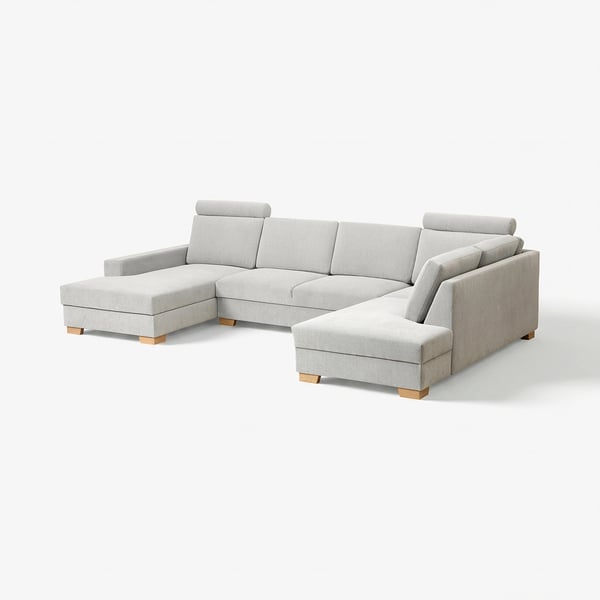 Modern light grey l-shaped sofa with wooden legs, minimalist scandinavian design.