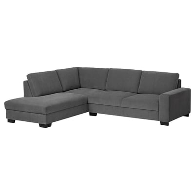 A grey, modern l-shaped sofa with clean lines and a minimalist design. Its part of the SÖRVALLEN series.