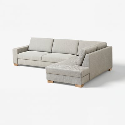 Modern l-shaped grey sofa, minimalist scandinavian design, light wood feet.
