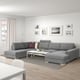 L-shaped SÖRVALLEN sofa, coffee table, photo gallery, wood floor, curtains - scandinavian minimalist living room