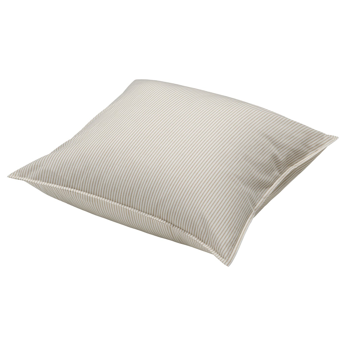 SOLFIBBLA, a beige and white striped cotton pillow. Its square-shaped with a simple, striped design.