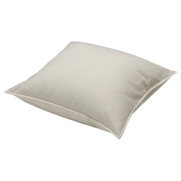 SOLFIBBLA, a beige and white striped cotton pillow. Its square-shaped with a simple, striped design.