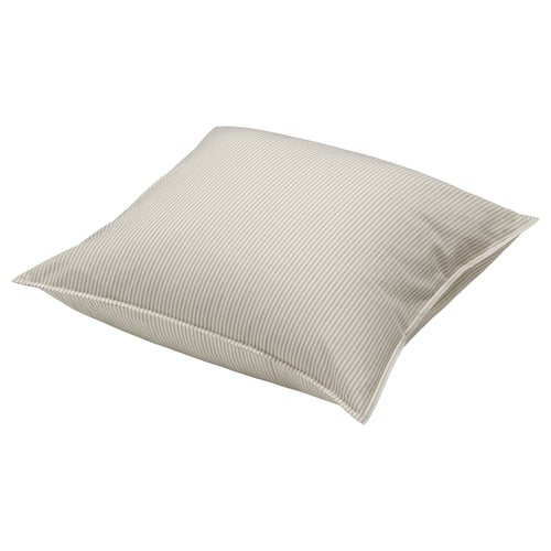 SOLFIBBLA, a beige and white striped cotton pillow. Its square-shaped with a simple, striped design.
