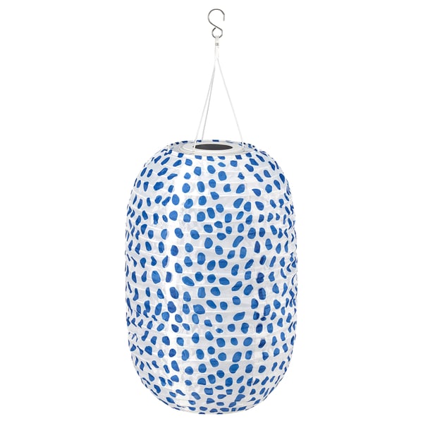 SOLVINDEN hanging lantern, blue dotted on white, solar-powered, recycled polyester, barrel shape.