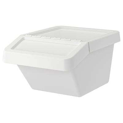 A white SORTERA plastic storage bin. It has a rectangular shape with a foldable lid, designed for easy access.
