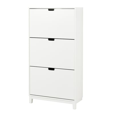White STÄLL shoe cabinet, 3 compartments with handles and metal edges.