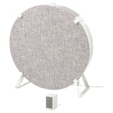 A STARKVIND air purifier in white and gray. Its circular with a fabric cover, standing on three legs, and includes a control panel.