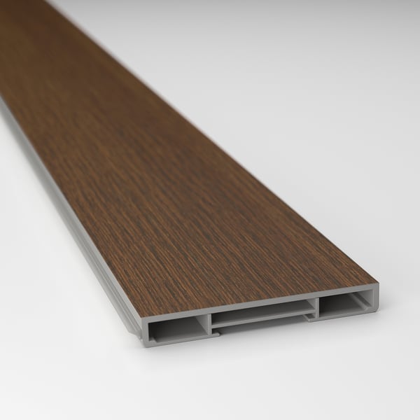 Dark brown wood veneer plinth with sleek, matching handles; quality and durability.