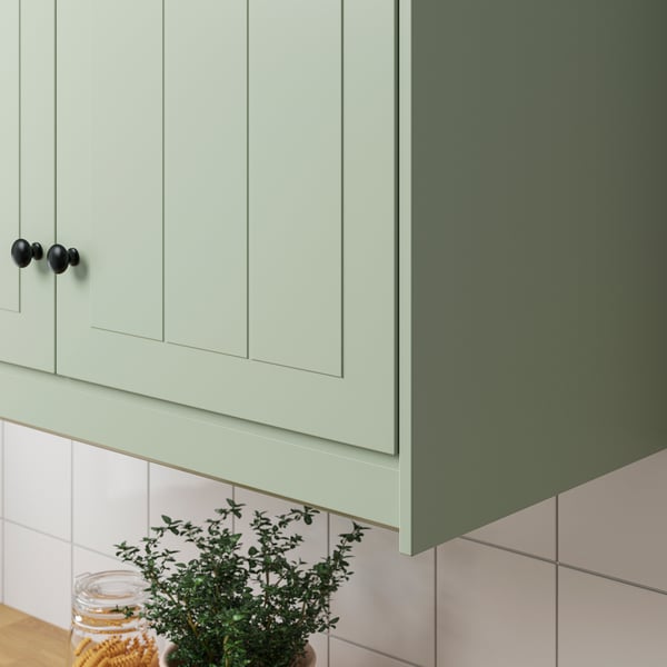 Green kitchen cabinets with dark knobs and plant.