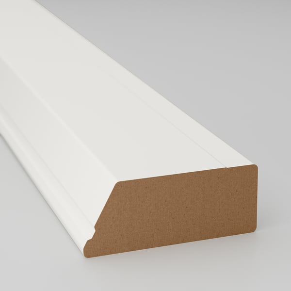Image displays a high-quality white decorative trim, suitable for kitchen cabinets, with a smooth finish and robust construction.