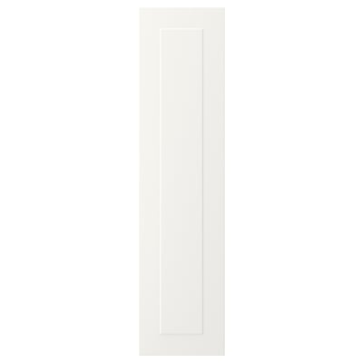 A white STENSUND cabinet door with grooved panels, smooth, and seamless.