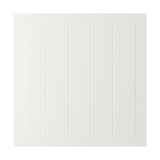 A white STENSUND cabinet door with grooved panels. The rectangular door a smooth, lacquered surface made of fiberboard.