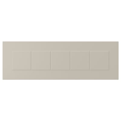 STENSUND beige cabinet fronts, framed, grooved panels, lacquered surface, square shape.