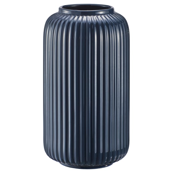 A blue, cylindrical STILREN vase with vertical ribs, made of stoneware with a coloured glaze.
