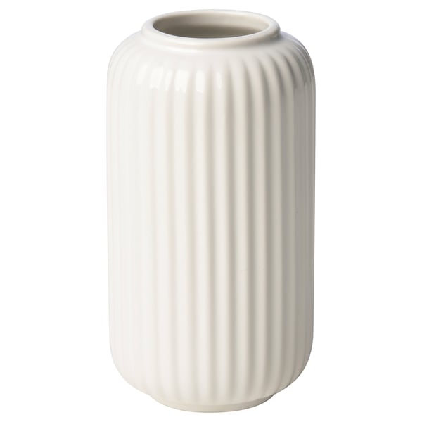 A white, cylindrical STILREN vase. Made of stoneware with a glossy finish, it has vertical ridges and a simple, elegant design.