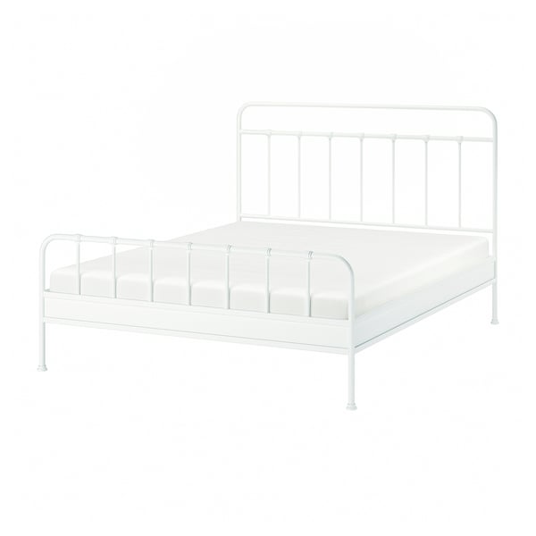 White metal bed frame with curved headboard and footboard, simple and sturdy design.