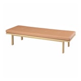 STOCKHOLM 2025 bench, orange leather, brass frame, rectangular, tufted cushion.