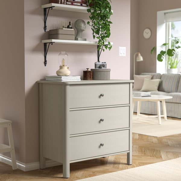 Modern bedroom STOREMOLLA chest, white. Three drawers, sturdy wood, light decor. Tall, narrow, fits corner.