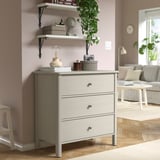 Modern bedroom STOREMOLLA chest, white. Three drawers, sturdy wood, light decor. Tall, narrow, fits corner.