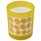 SVARTOXBÄR yellow candle, frosted glass with orange dots, fresh mimosa scent.